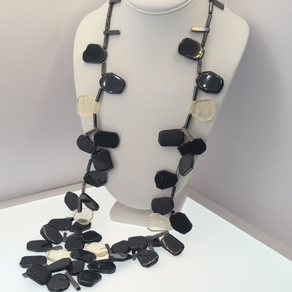 Chico's Black and Cream Multi-Strand Necklace with Polished Stones - Picture 1 of 5